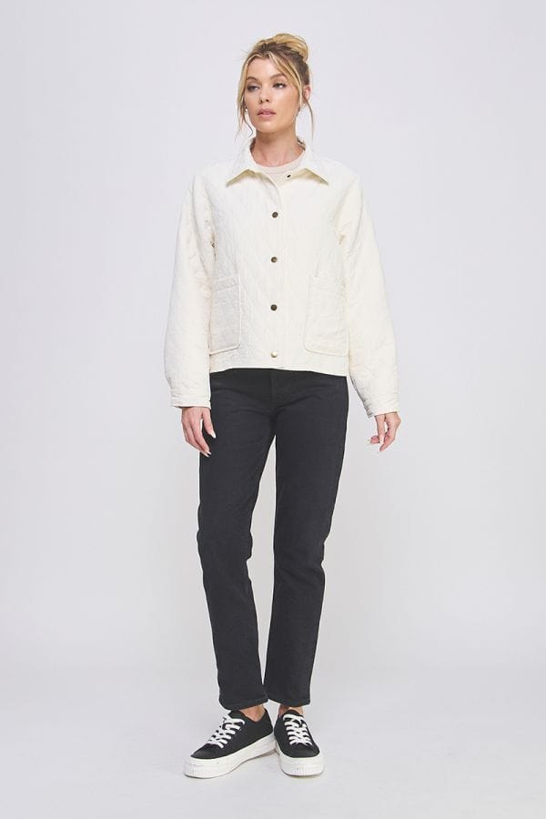 Allie Rose Texture Fabric Quilted Button Up Collared Jacket with Front Pockets