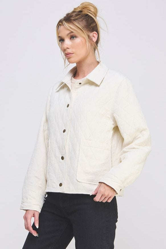 Allie Rose Texture Fabric Quilted Button Up Collared Jacket with Front Pockets