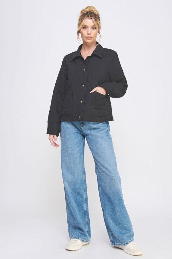 Allie Rose Texture Fabric Quilted Button Up Collared Jacket with Front Pockets