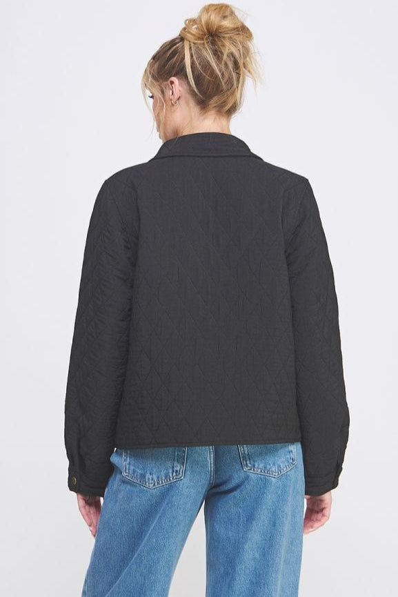 Allie Rose Texture Fabric Quilted Button Up Collared Jacket with Front Pockets