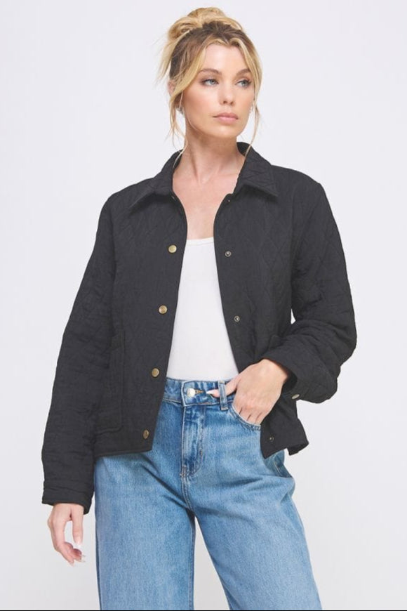 Allie Rose Texture Fabric Quilted Button Up Collared Jacket with Front Pockets