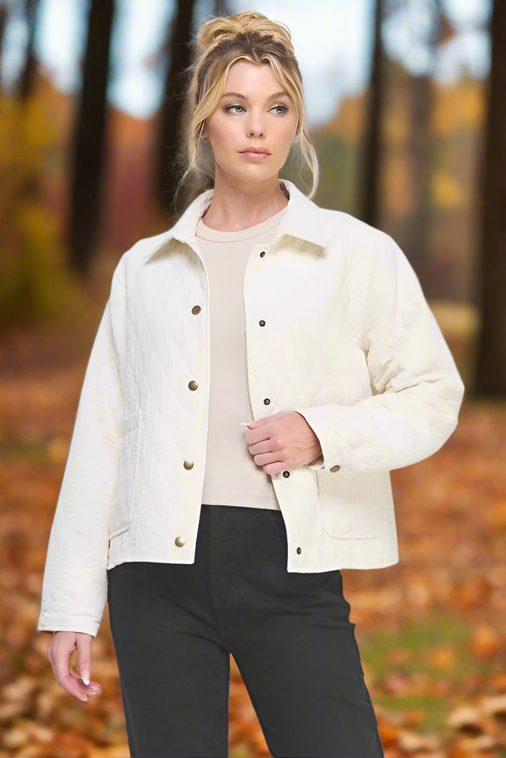 Allie Rose Texture Fabric Quilted Button Up Collared Jacket with Front Pockets