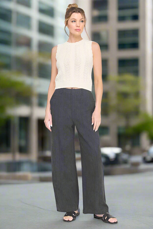 Allie Rose Textured Cotton Blend Wide Leg Pants Half Elastic Waist