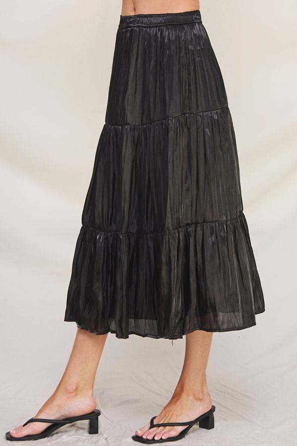 Allie Rose Tiered Crinkle Shimmer Satin Midi Skirt