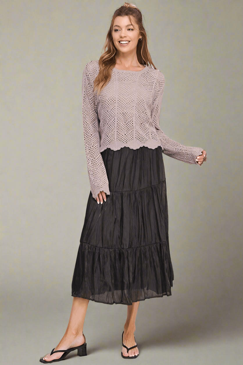 Allie Rose Tiered Crinkle Shimmer Satin Midi Skirt – jfybrand