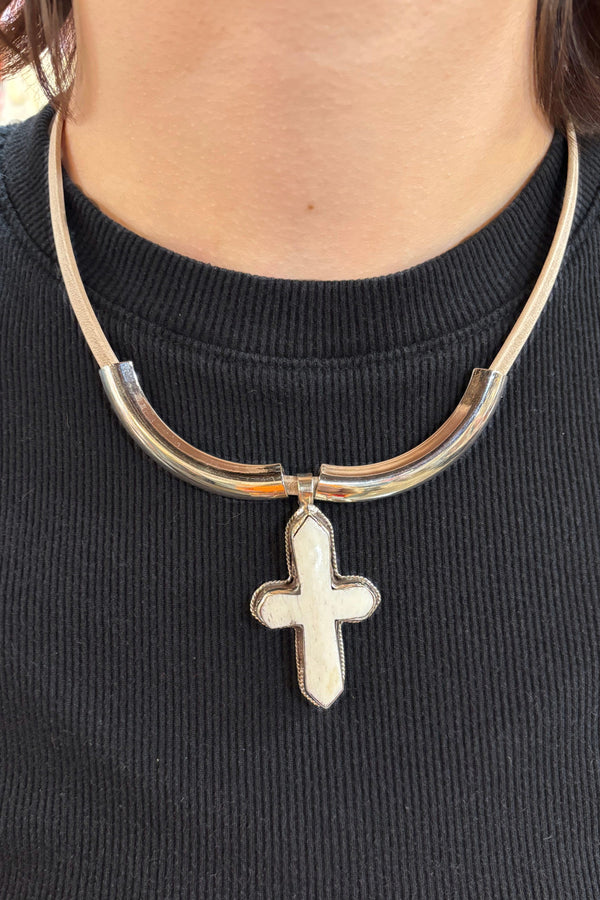 Amarante Handmade Etched Backing Genuine Stone Cross on Flat Leather Cord Short Necklace