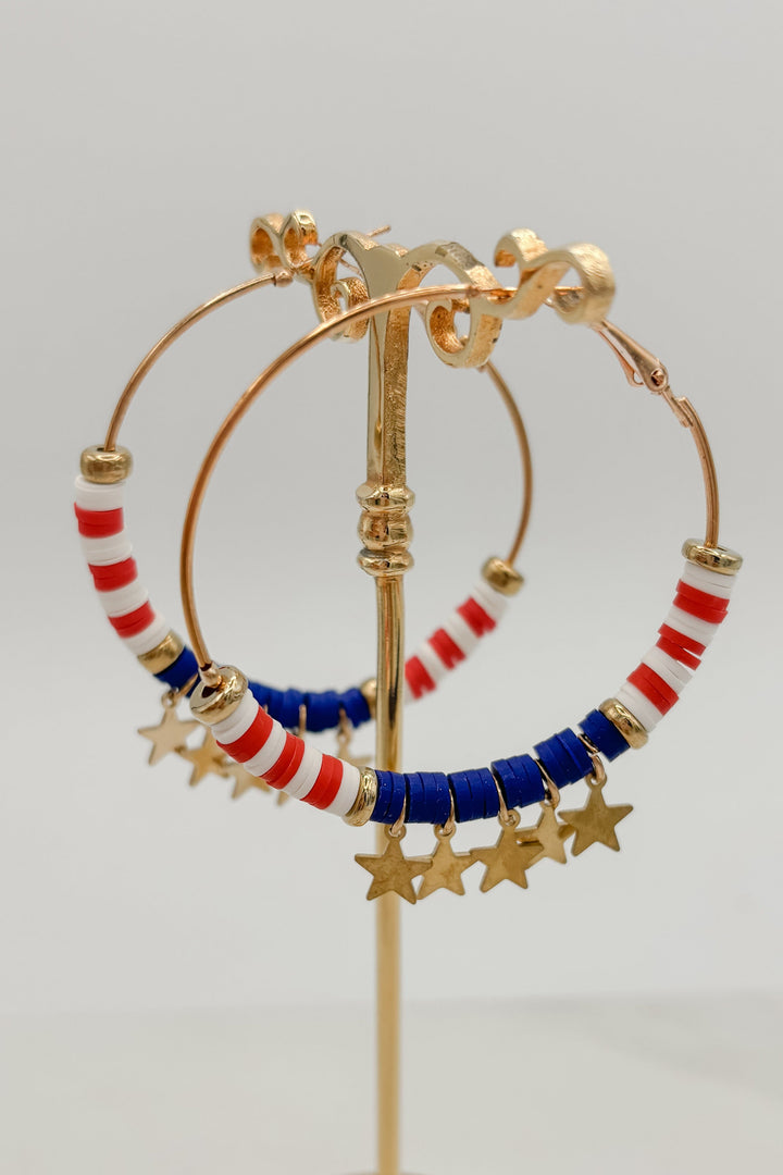 America Theme Large Heishi Beaded Gold Hoops