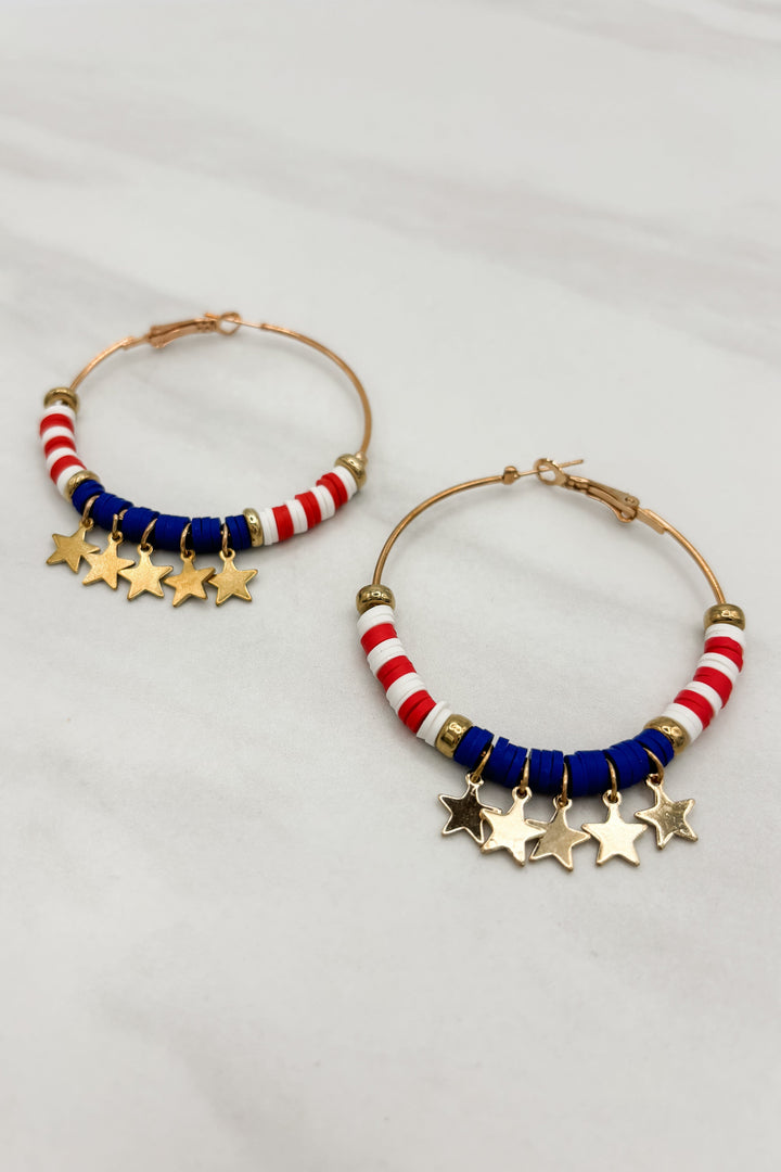 America Theme Large Heishi Beaded Gold Hoops