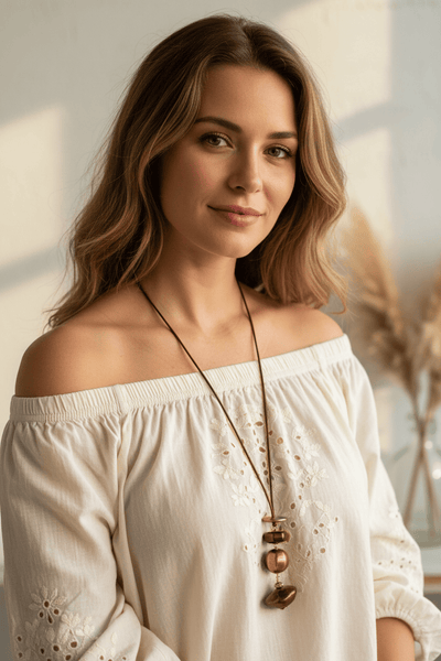 Amphitrite Antiqued Stacked Stones Long Leather Cord Necklace