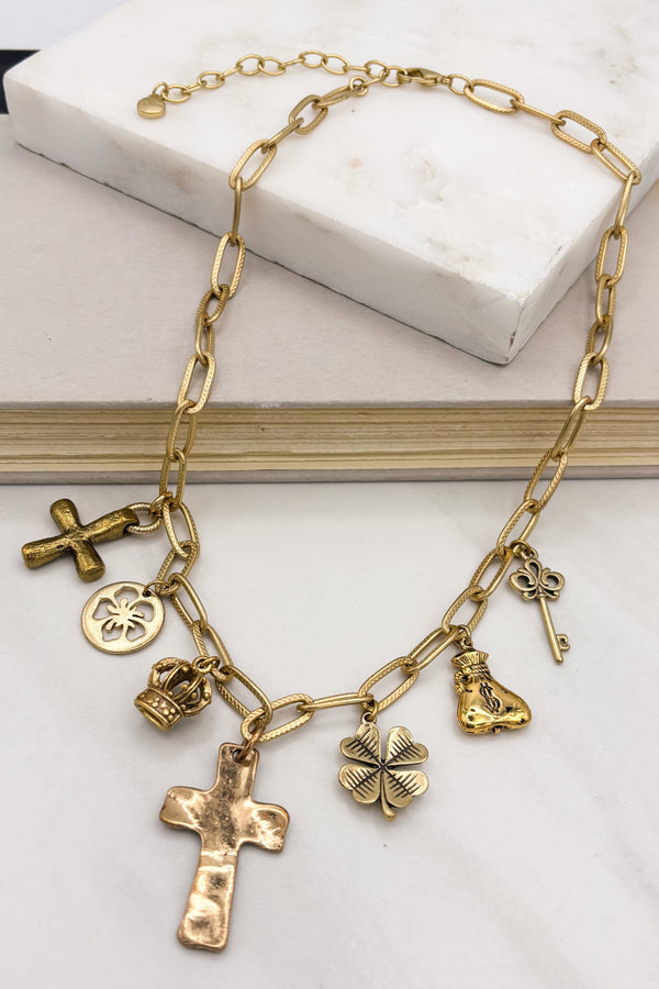 Antique Gold 7 Charm Necklace