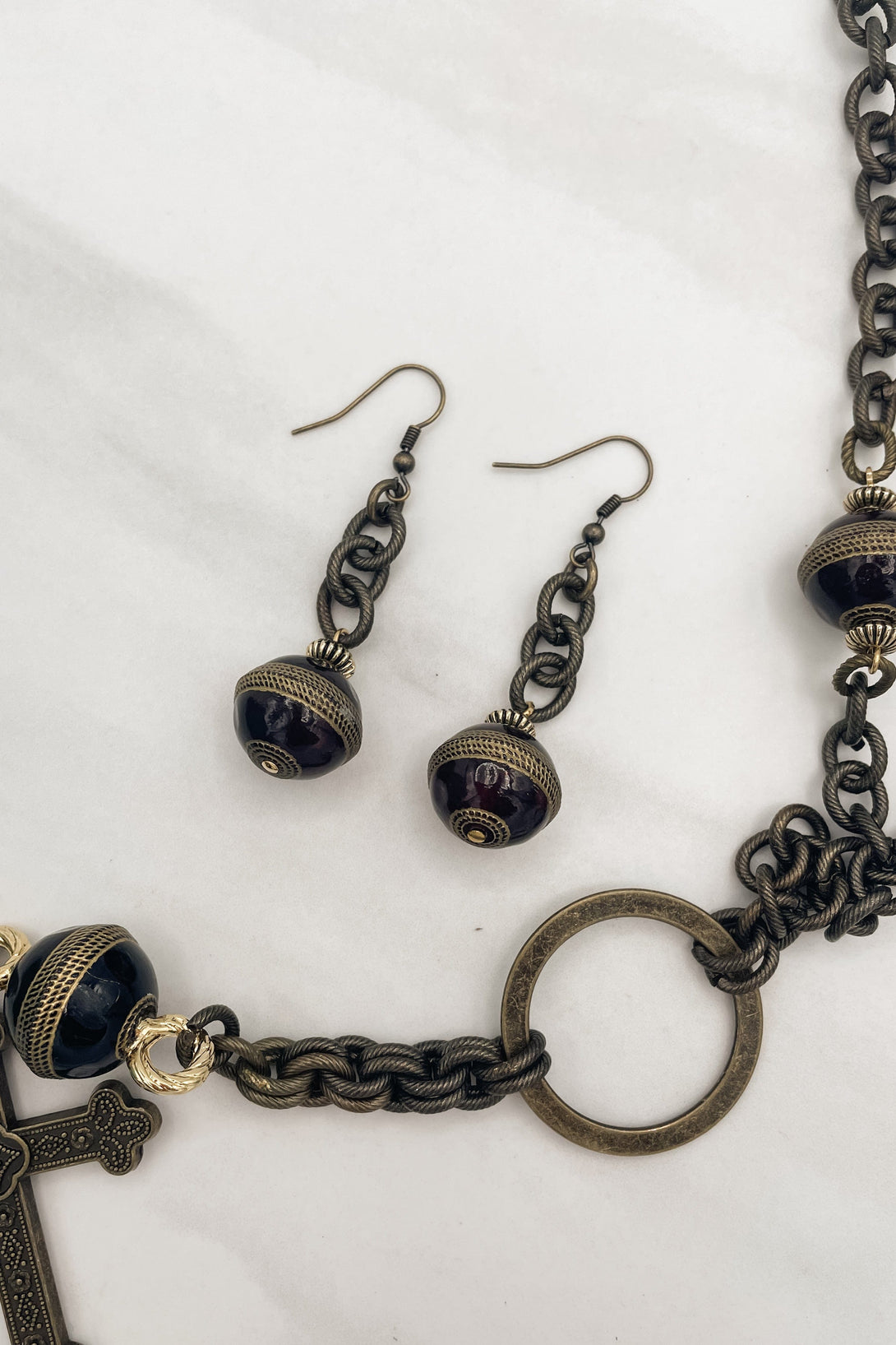 Antique Gold Etched Cable Earrings with Vintage Italian Beads