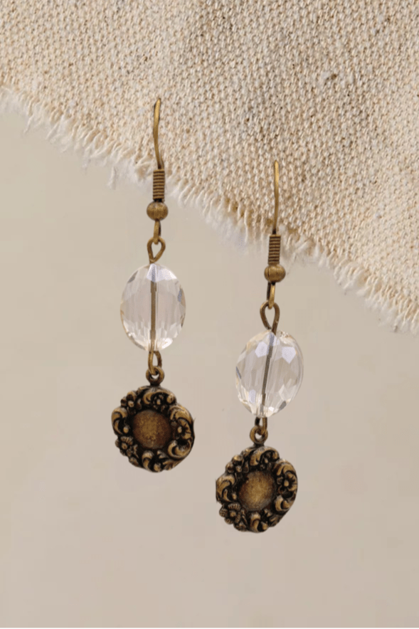 Antiqued Faceted Oval Crystal Bead with Ornately Decorated Accent Piece Dangle Earrings