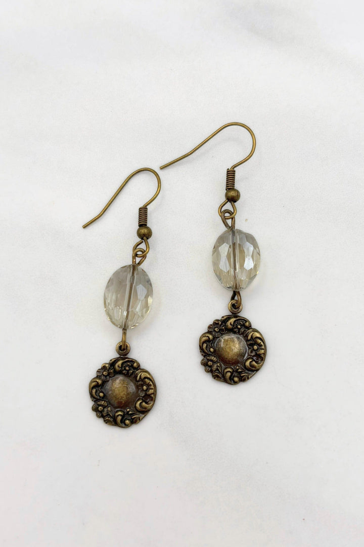 Antiqued Faceted Oval Crystal Bead with Ornately Decorated Accent Piece Dangle Earrings