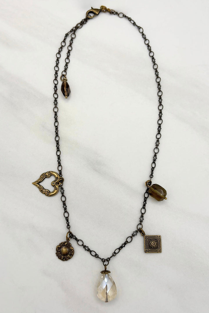 Antiqued Heart Accented Multi Charm Necklace