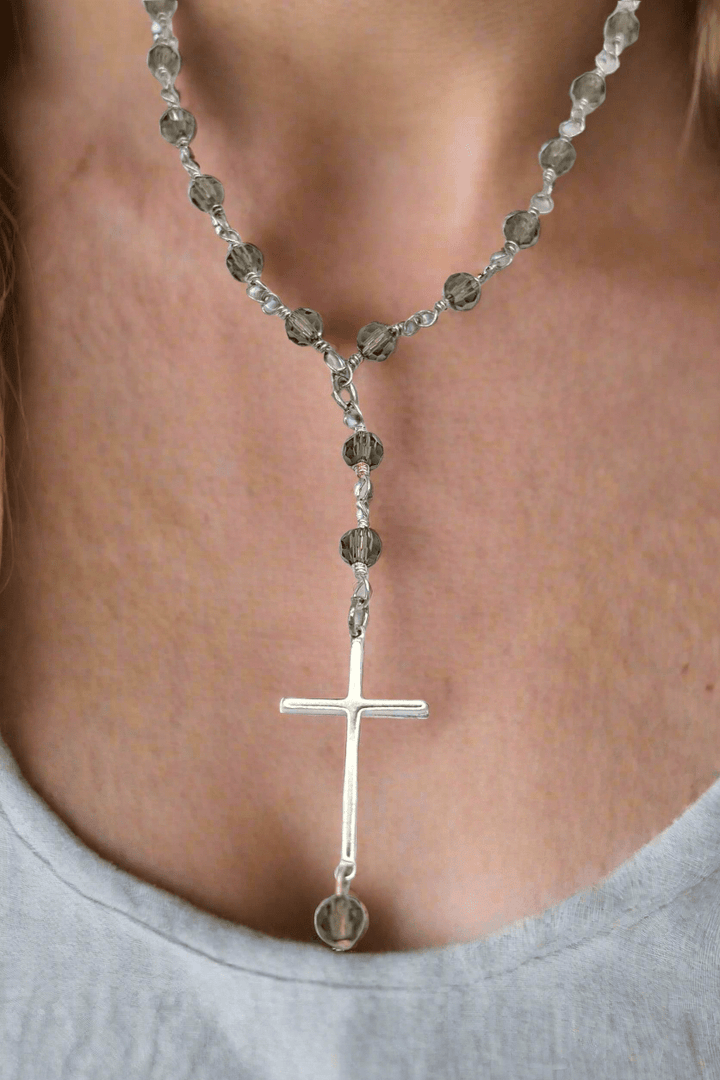 Ash Glass Short Beaded Necklace with Sleek Cross Charm