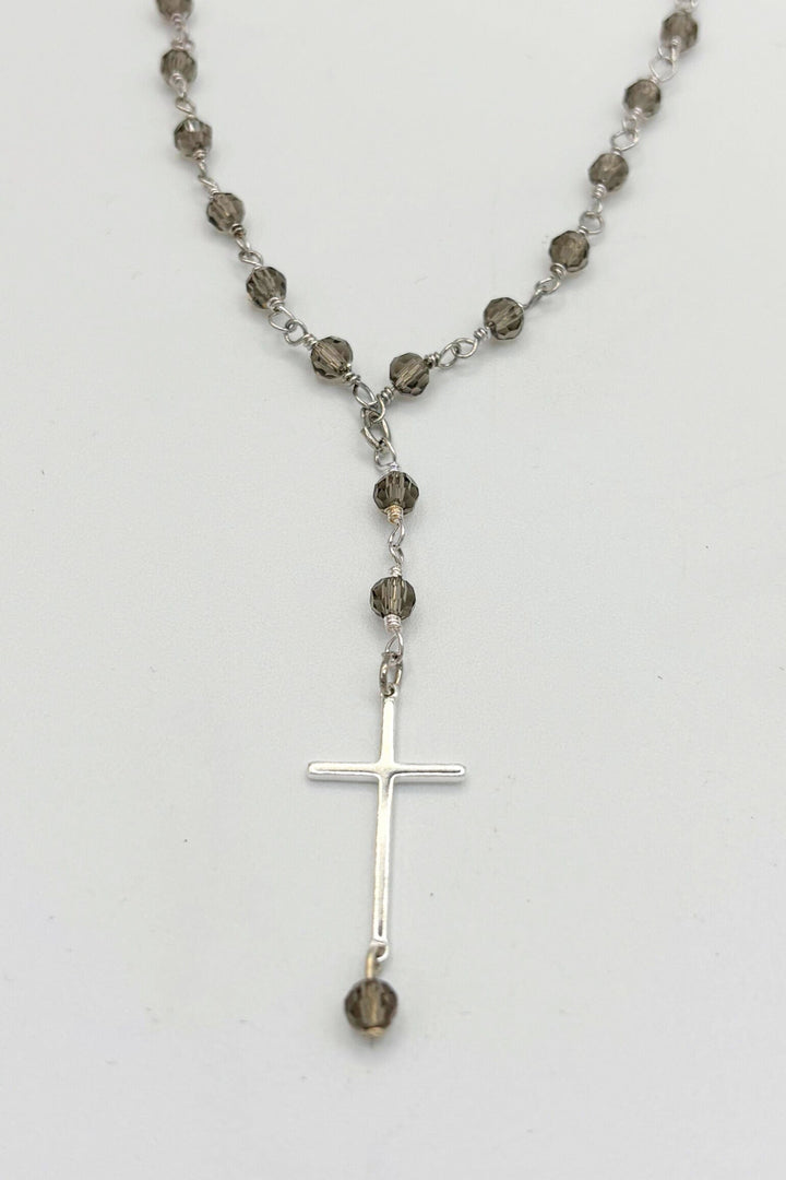 Ash Glass Short Beaded Necklace with Sleek Cross Charm