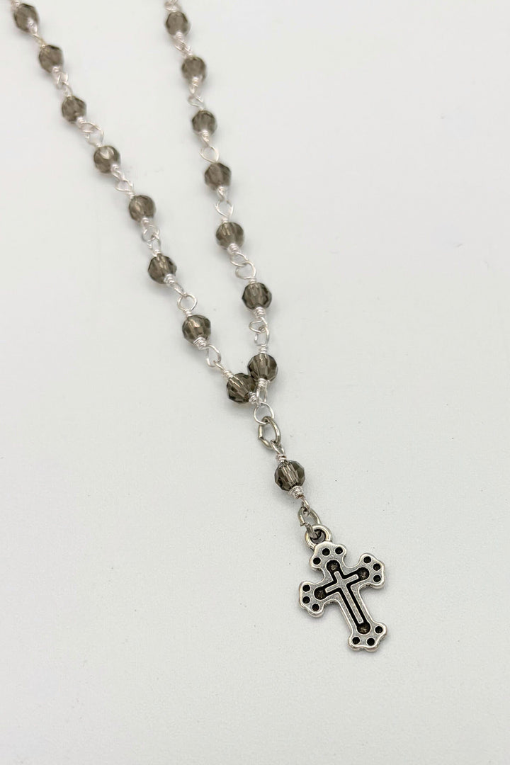 Ash Glass Short Beaded Necklace with Small Decorative Cross Charm