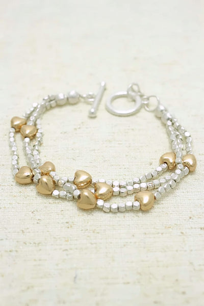Askisi Triple Strand Heart Accent Beaded Toggle Clasp Bracelet