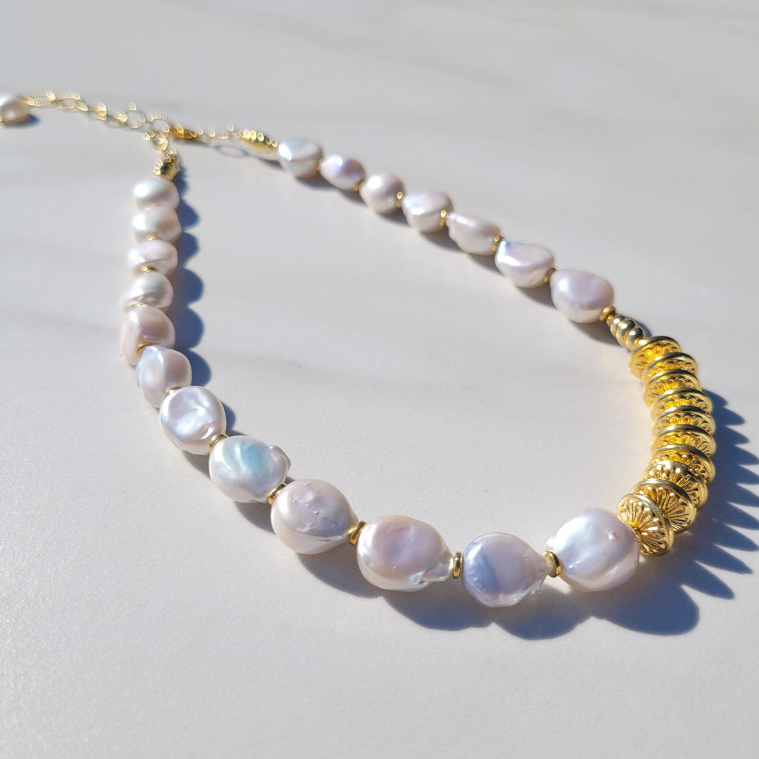 Athena Pearl Necklace with Vintage Gold Beads for Women