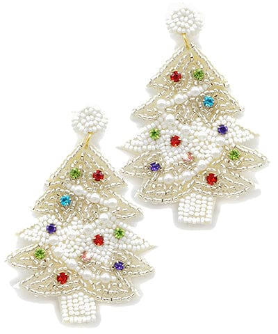 Beaded Christmas Tree Felt Back Earrings with Crystal Ornaments