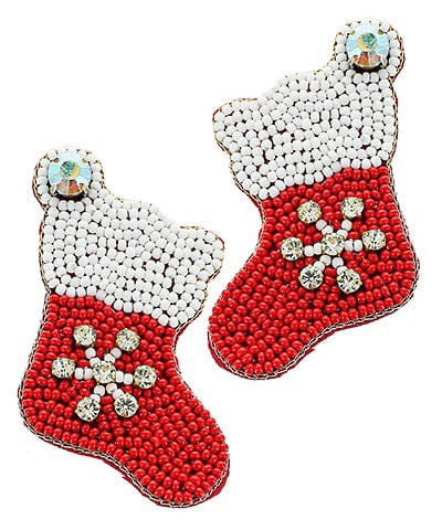 Beaded Felt Back Snowflake Christmas Stocking Dangle Earrings