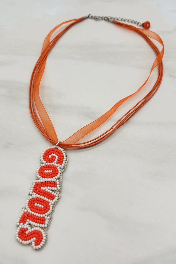 Beaded "Go Vols" Ribbon and Leather Cord Short Necklace