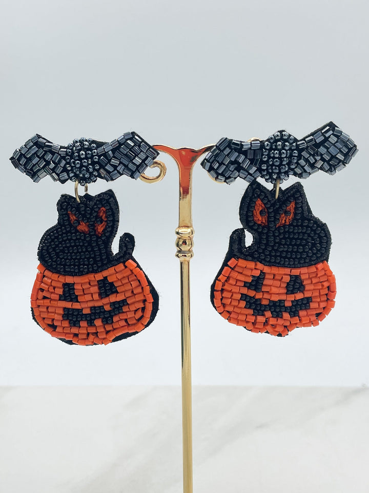 Beaded Halloween Pumpkin and Cat Earrings