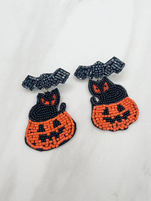 Beaded Halloween Pumpkin and Cat Earrings