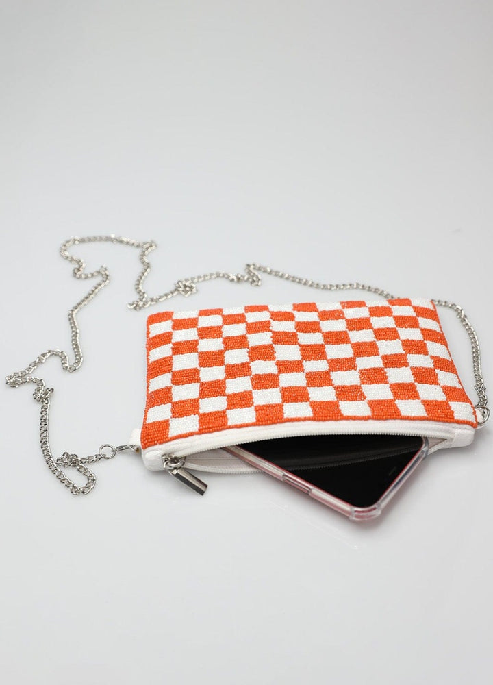 Beaded Orange and White Checkerboard Pouch Handbag with Chain