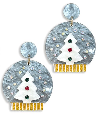 Bedazzled Christmas Tree Snow Globe Acrylic Dangle Earrings