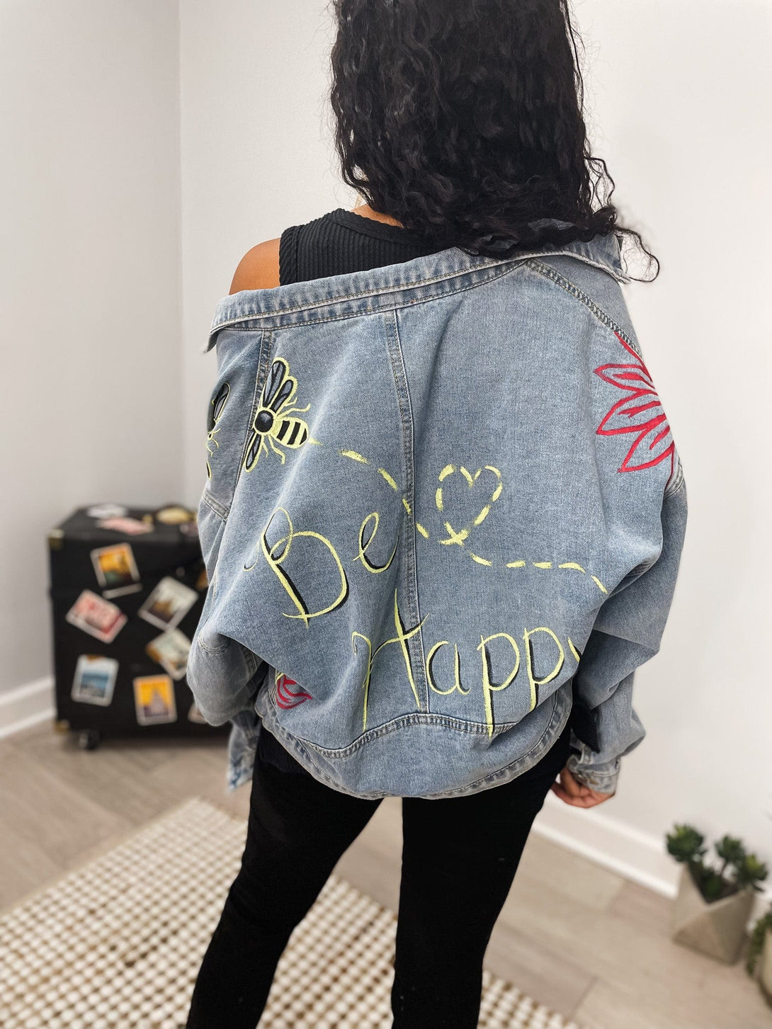 Bee Happy Hand Painted Distressed Denim Jacket Size Small