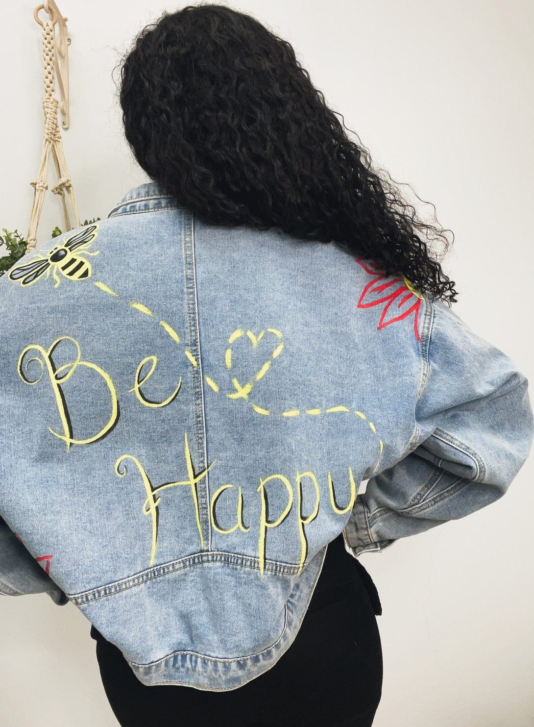 Bee Happy Hand Painted Distressed Denim Jacket Size Small