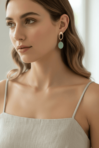 Bestla Hollow Oval and Genuine Stone Simple Post Earrings