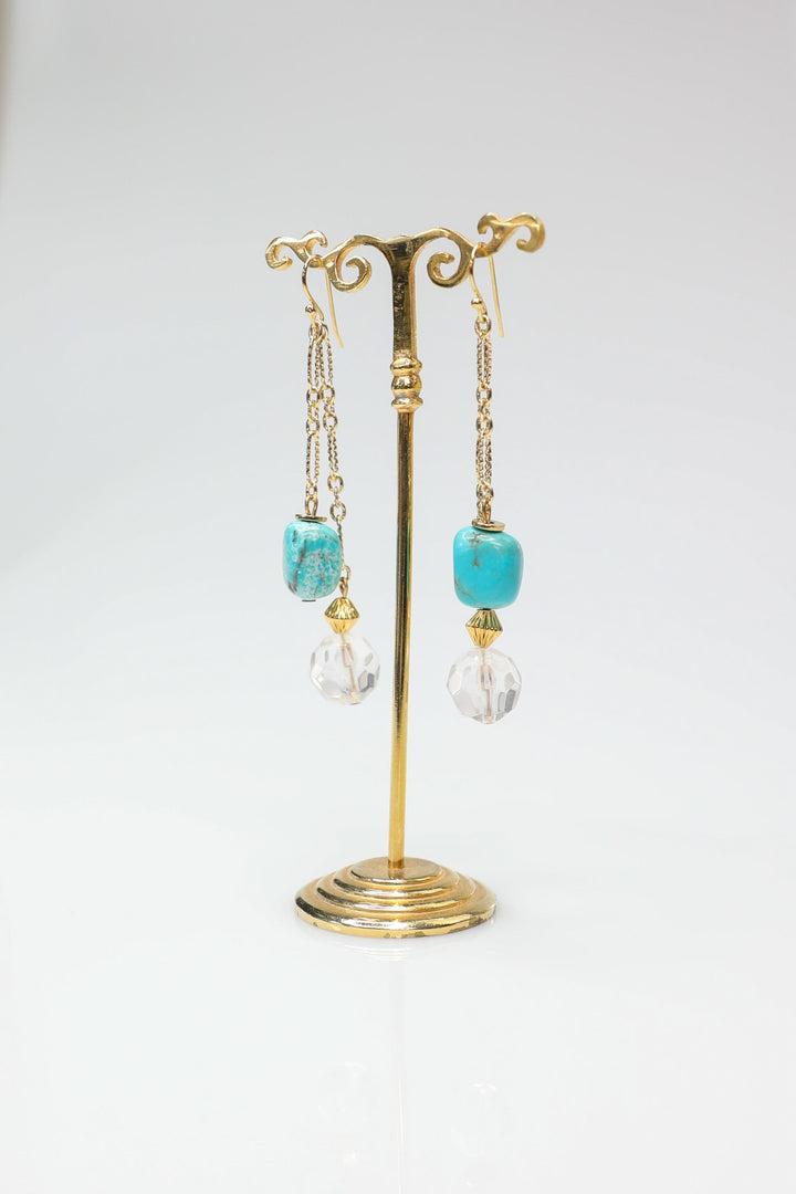 Blue and Gold Dangle Earrings with Clear Faceted Beads
