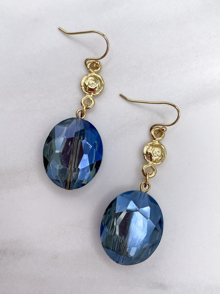 Blue Oval Faceted Crystal Earrings