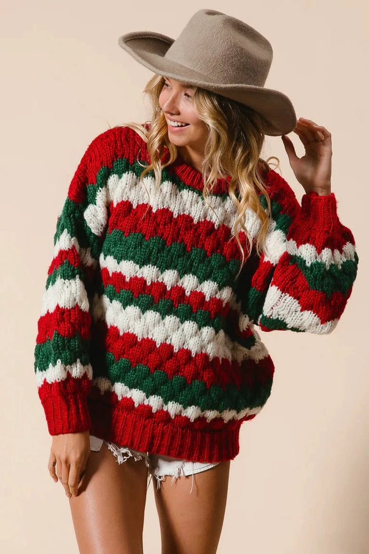 Bobble Texture Striped Holiday Sweater