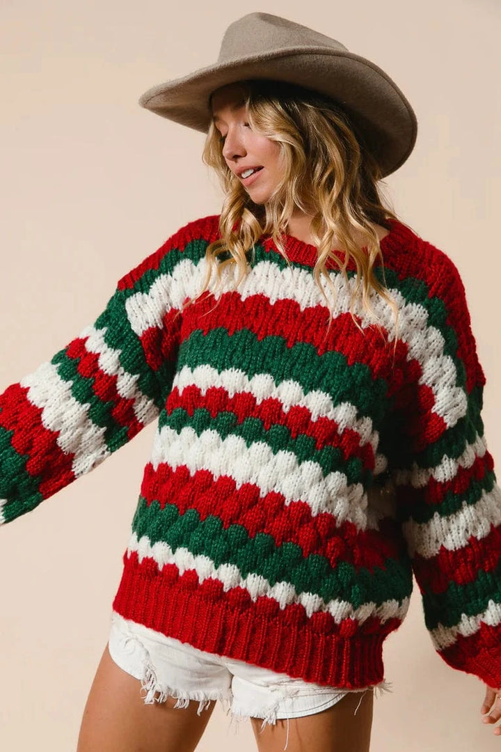 Bobble Texture Striped Holiday Sweater