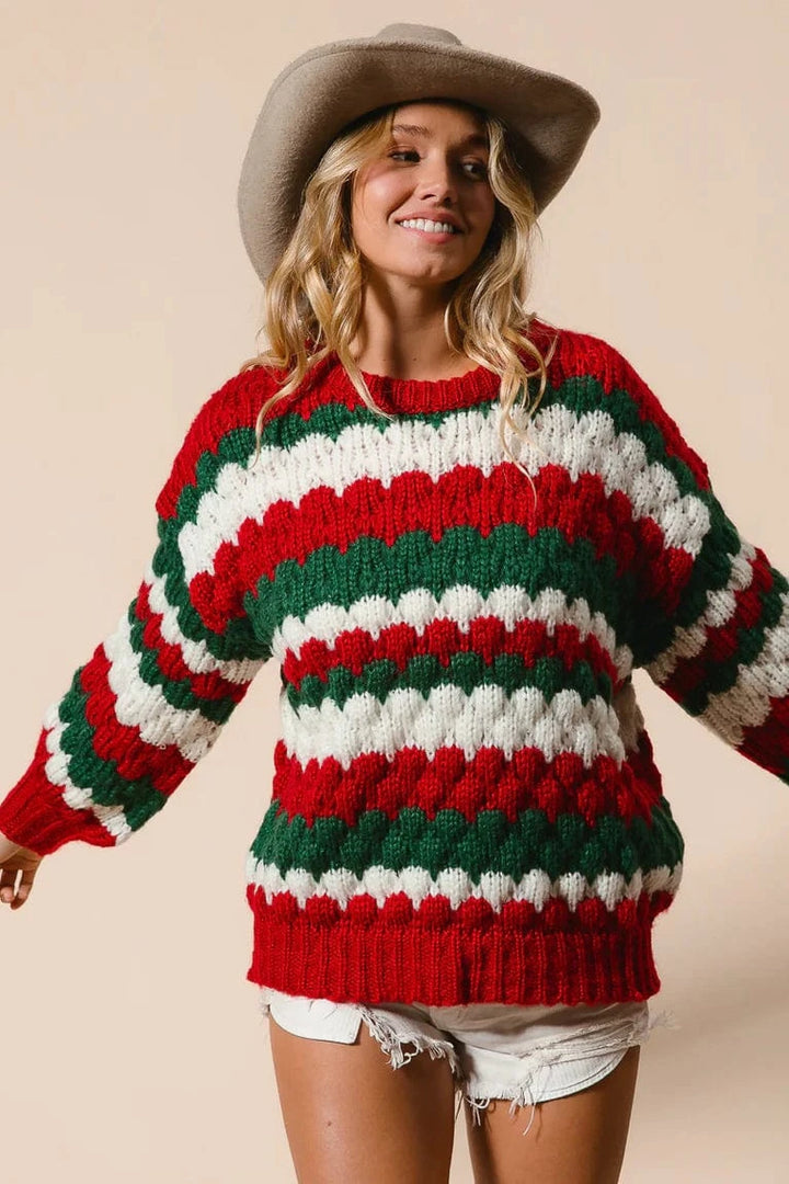 Bobble Texture Striped Holiday Sweater