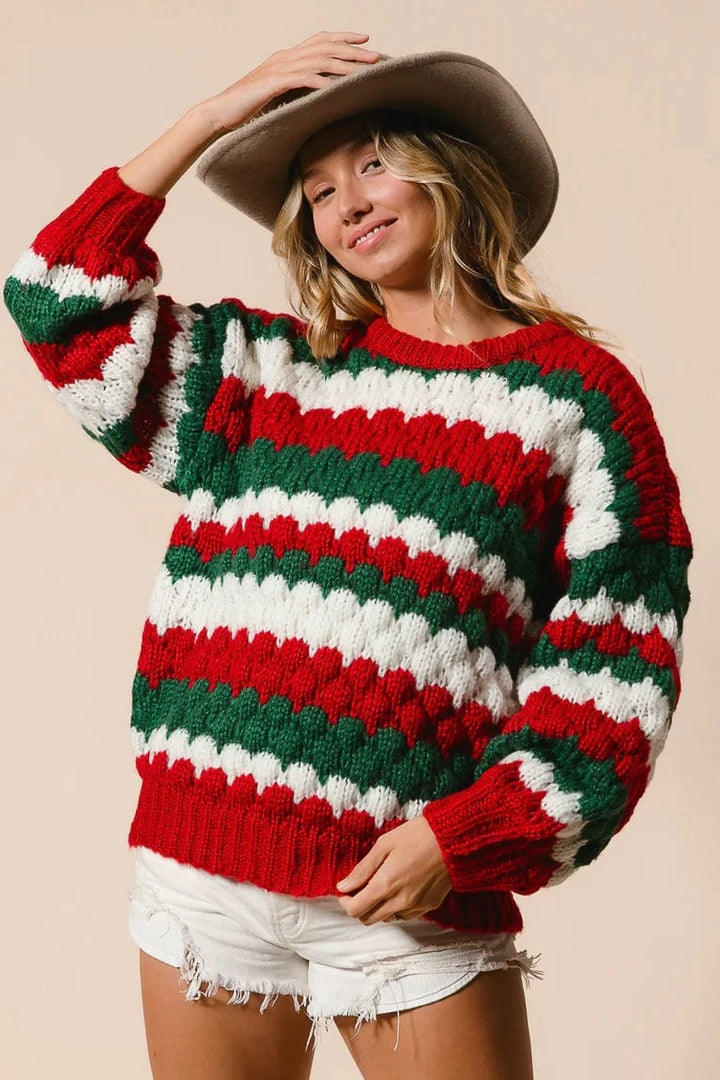 Bobble Texture Striped Holiday Sweater