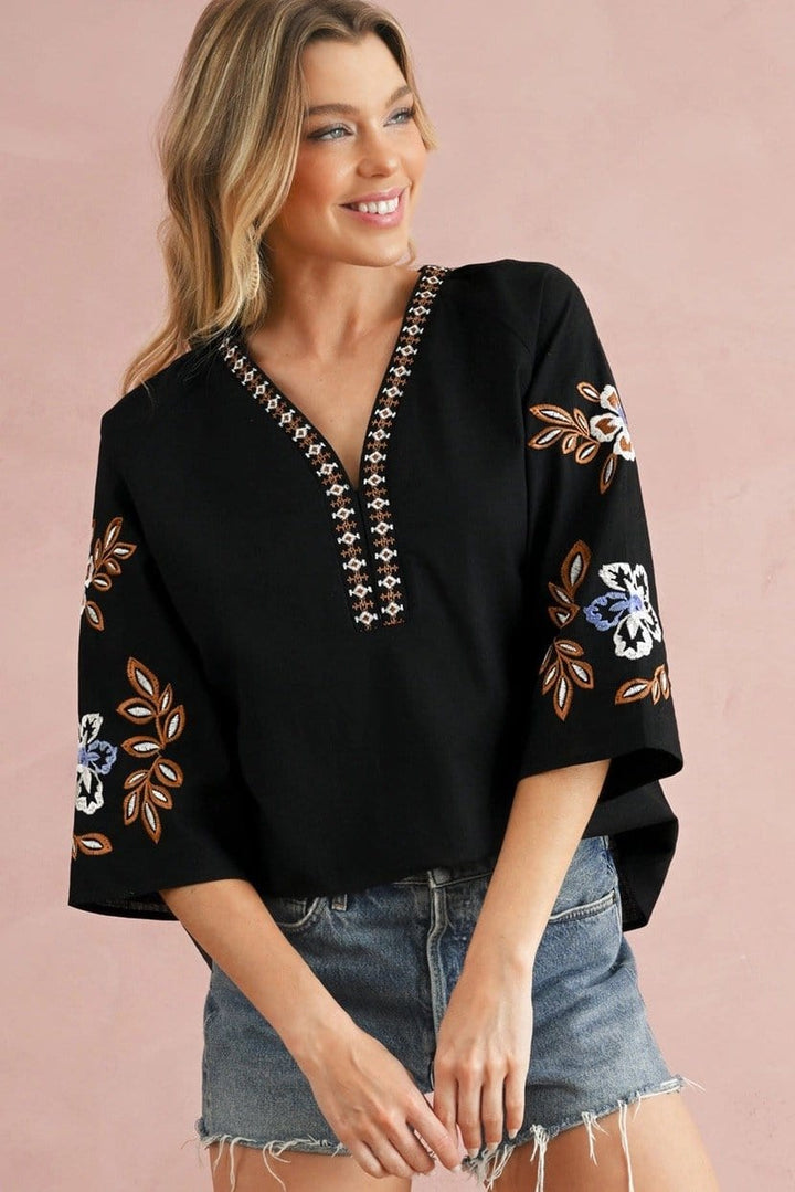 Bohemian Floral Design Embroidered V-Neck Blouse Top
