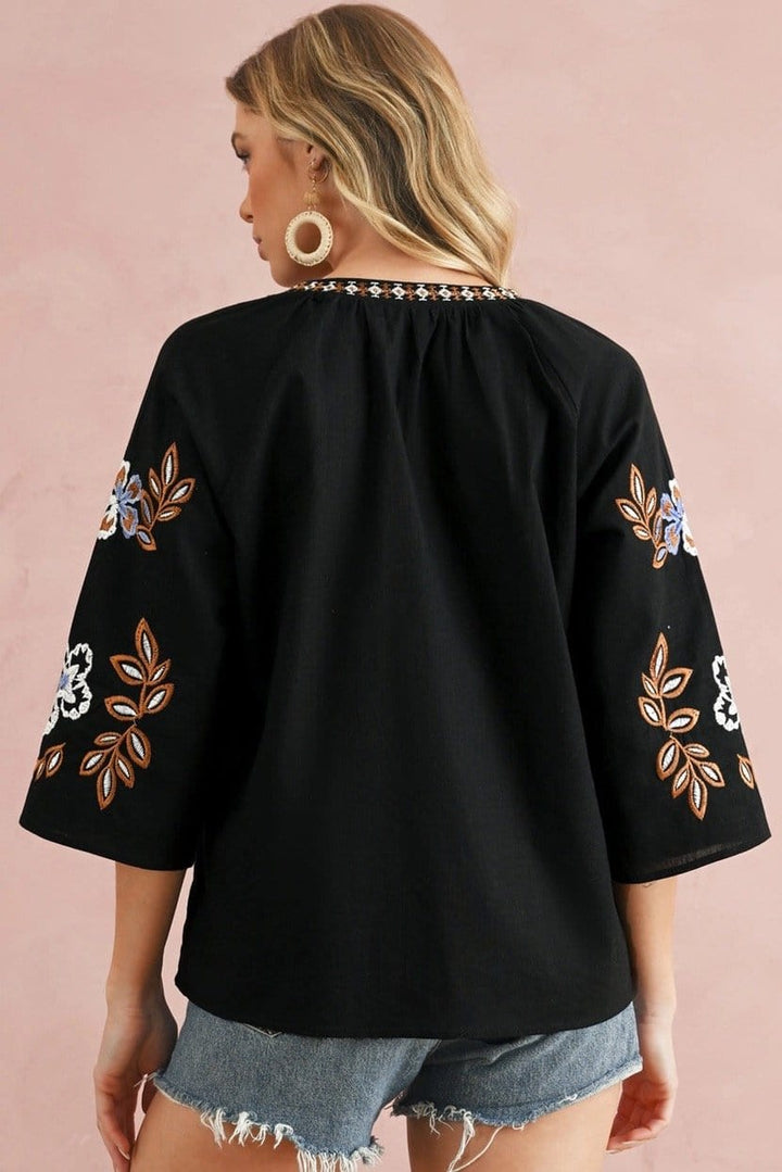 Bohemian Floral Design Embroidered V-Neck Blouse Top