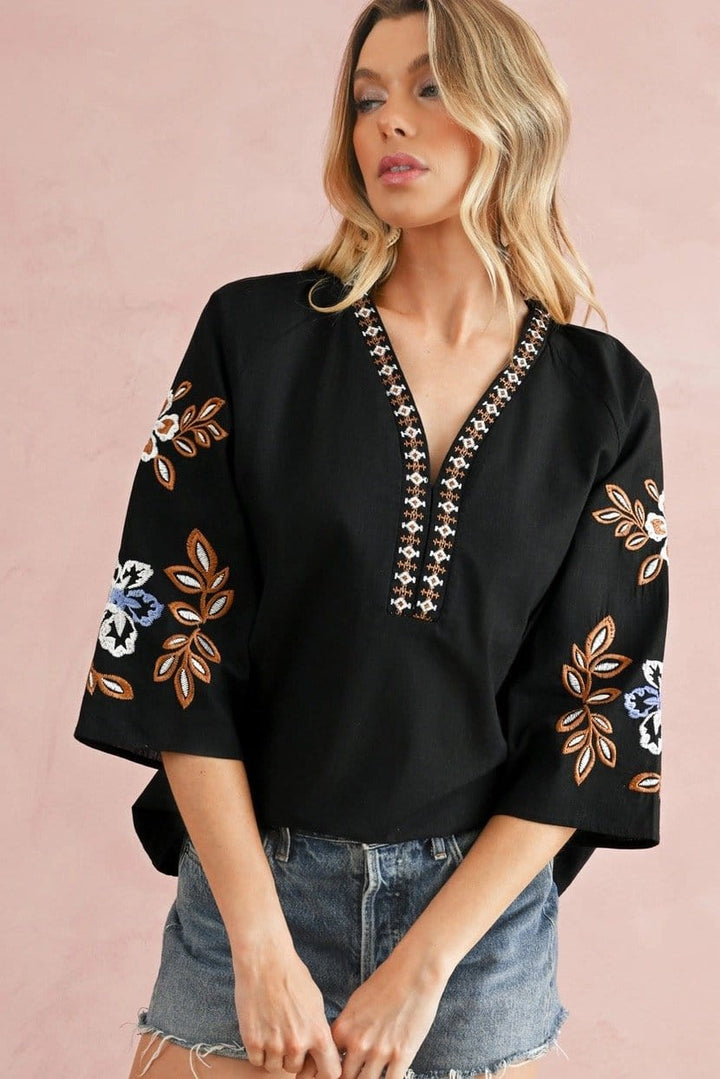 Bohemian Floral Design Embroidered V-Neck Blouse Top