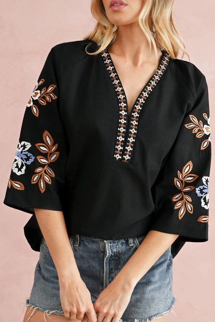 Bohemian Floral Design Embroidered V-Neck Blouse Top