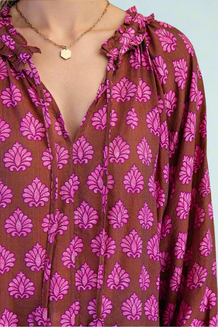 Boho Printed Blouse with Self Tie Split Ruffle Accented Neckline