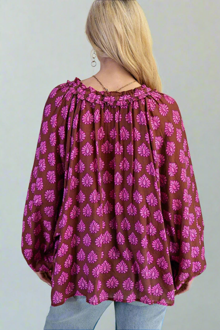 Boho Printed Blouse with Self Tie Split Ruffle Accented Neckline