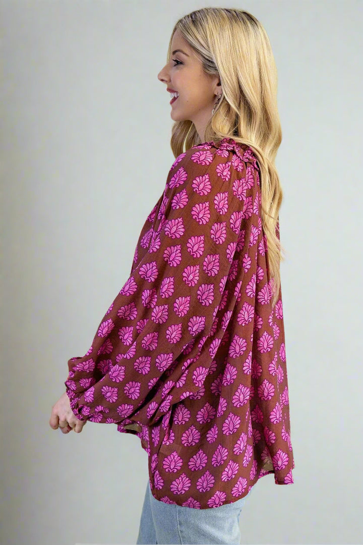 Boho Printed Blouse with Self Tie Split Ruffle Accented Neckline