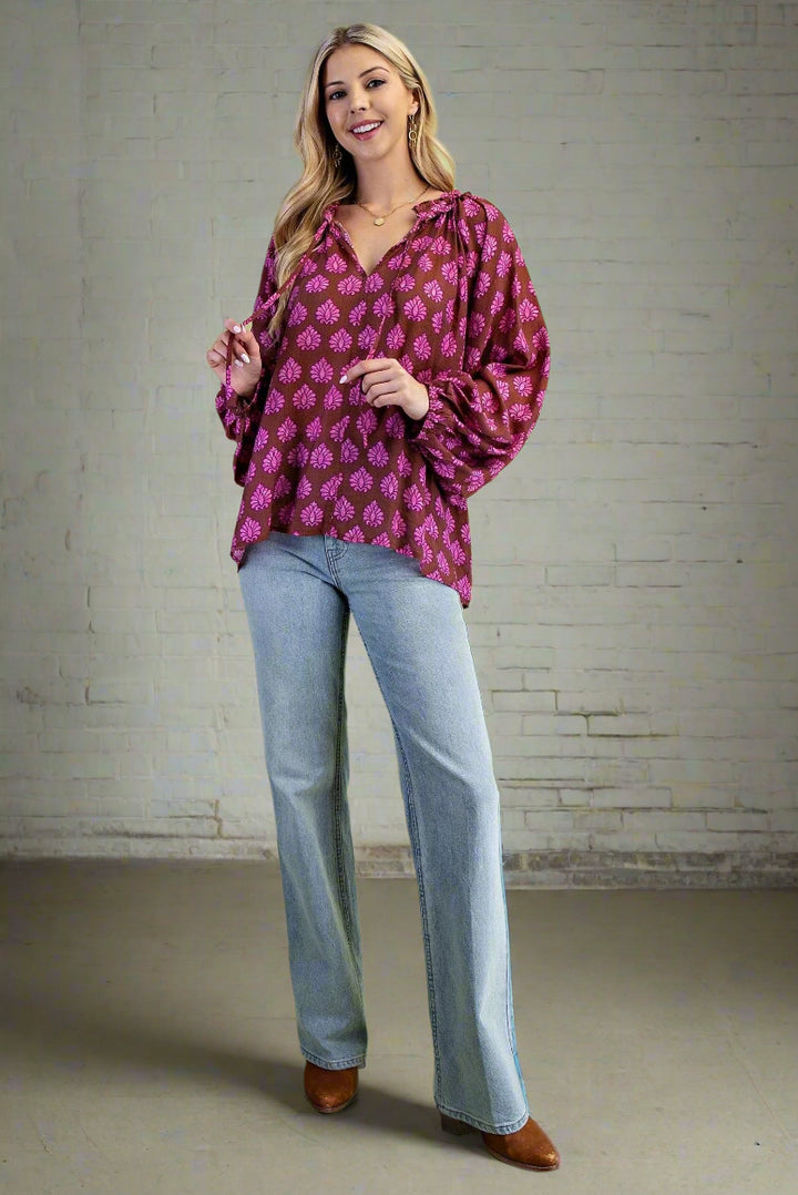 Boho Printed Blouse with Self Tie Split Ruffle Accented Neckline