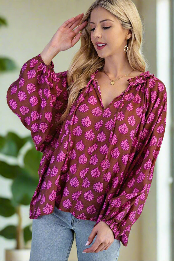 Boho Printed Blouse with Self Tie Split Ruffle Accented Neckline