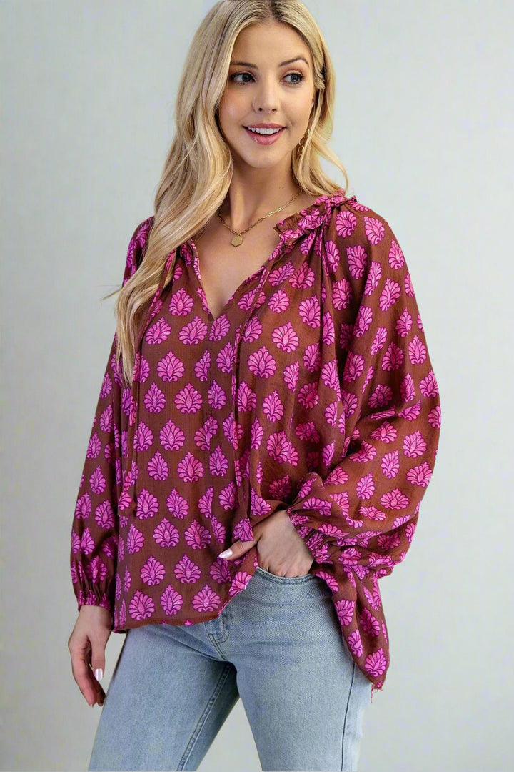 Boho Printed Blouse with Self Tie Split Ruffle Accented Neckline