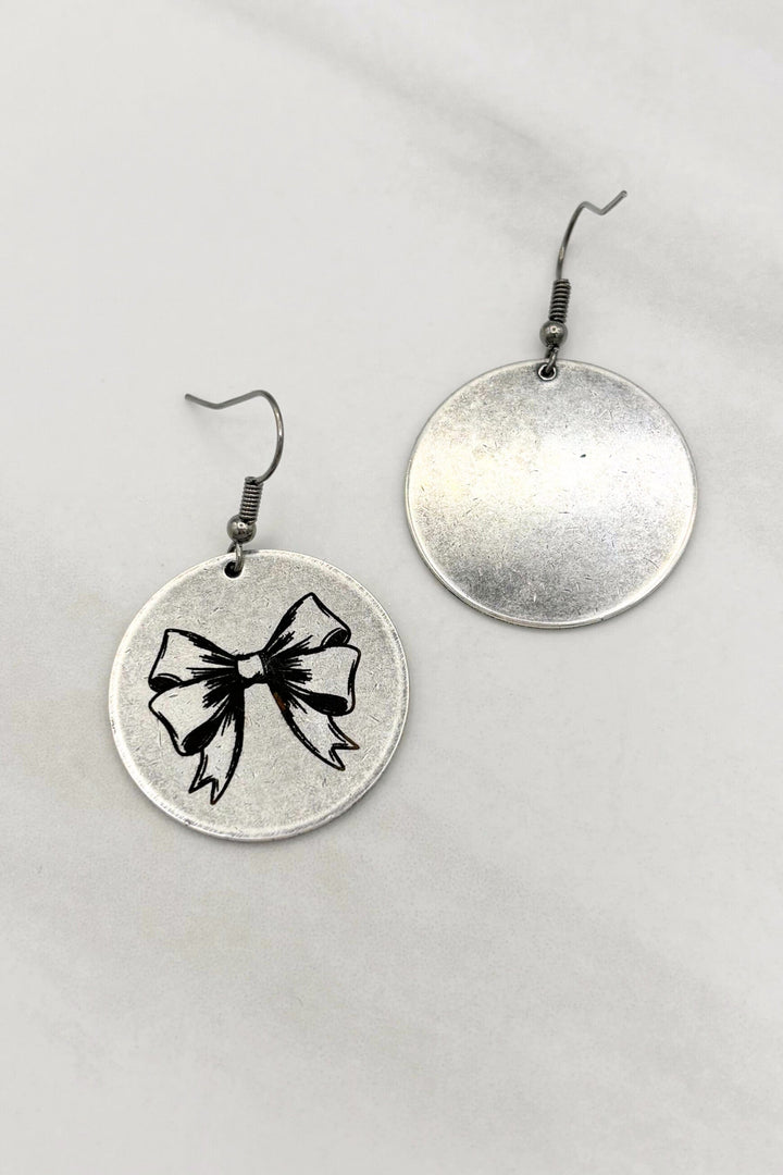 Bow Engraved Metal Coin Simple Dangle Earrings